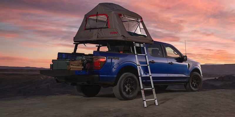 Blue pickup truck with a roof-top tent and a ladder leading to it, at sunset in a desert landscape.